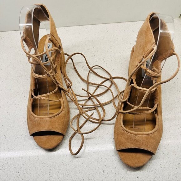 NWT Steve Madden Admire Sandals Sand Tan Leather Suede Lace Up Heel Sz 7.5B Flaw - Picture 10 of 16
